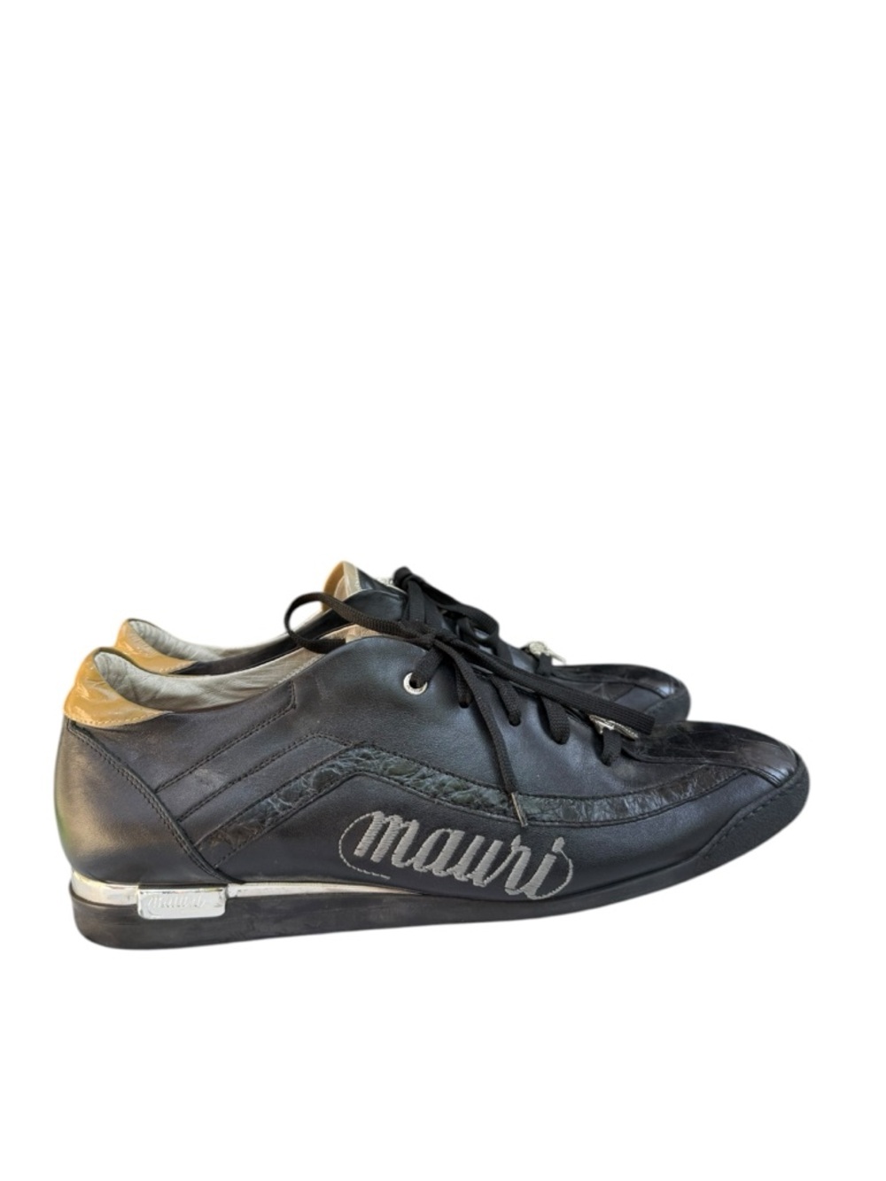 Polo by Ralph Lauren Mauri Black Leather Lace-Up Sneakers with Tan Heel